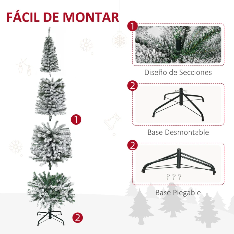 HOMCOM Árbol de Navidad Estrecho 225 cm Árbol Navideño Nevado con 738 Ramas y Soporte de Metal para Salón Verde y Blanco