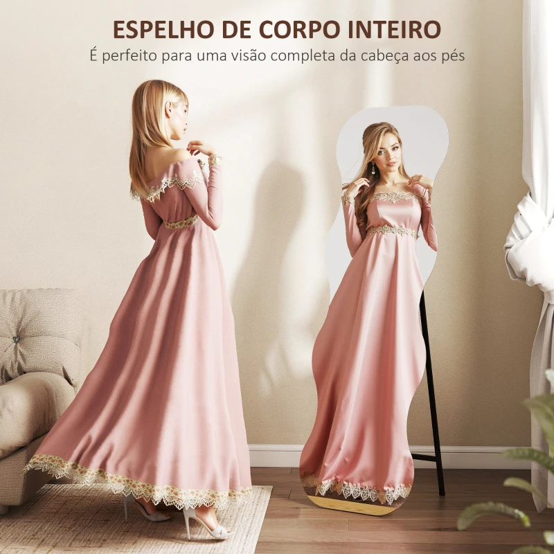 HOMCOM Espelho de Pé 160x50 cm sem Moldura Espelho de Corpo Inteiro com Forma Ondulada Suporte e Base de Madeira Preto