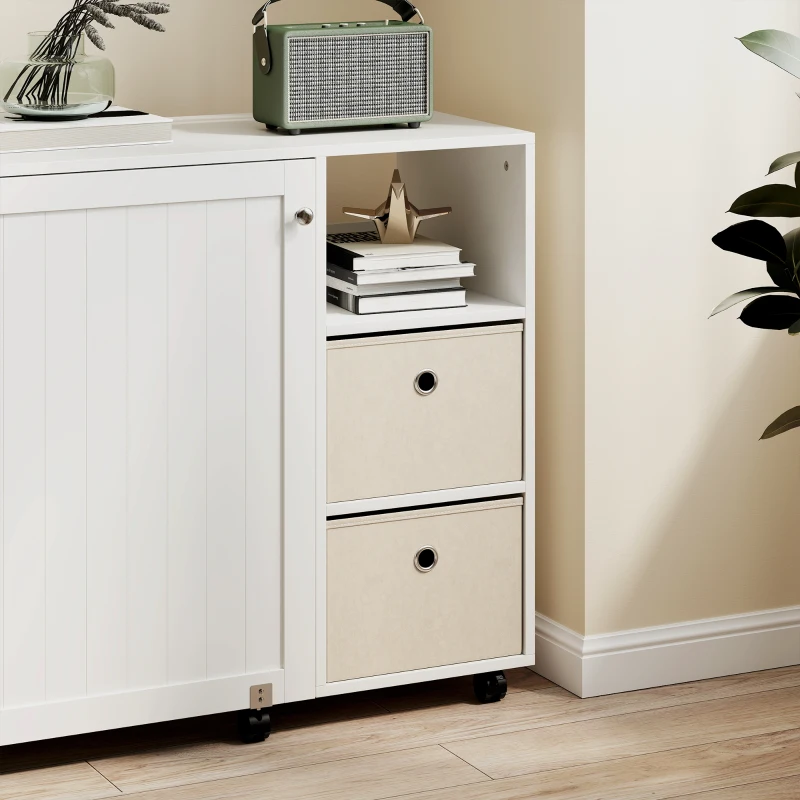 HOMCOM Table de couture pliante, meuble couture à roulettes avec porte magnétique, 2 bacs, 2 tiroirs, 146,4x40x77,5cm, blanc(m-5)