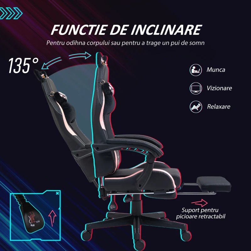 HOMCOM Scaun Gaming Ergonomic cu Urechi de Pisica, Roz