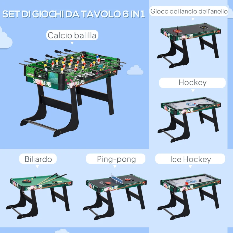 HOMCOM Tavolo da Gioco 6 in 1 con Calcio Balilla, Biliardo, Air Hockey, Ping Pong, Anelli e Hockey su Prato, 118x104x71 cm