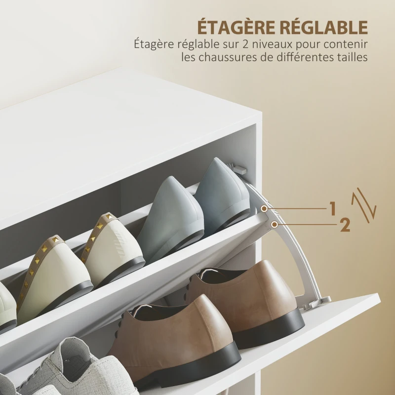 HOMCOM Armoire à Chaussures Meuble à Chaussures Grande Taille dim. 120L x 24l x 81H cm 4 Portes abattantes Double Niveau en Bois Blanc