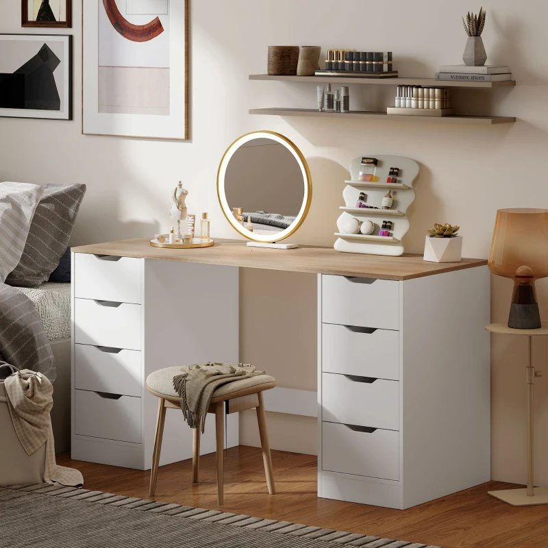 HOMCOM Scrivania con 8 cassetti, salvaspazio e stabile, 140 c, Bianco e Legno naturale