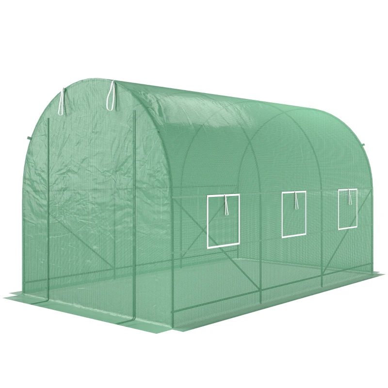 Outsunny Serre de Jardin Tunnel Surface Sol 7m² 3,5L x 2l x 2H m châssis Tubulaire renforcé Porte zippée 6 fenêtres enroulables Vert