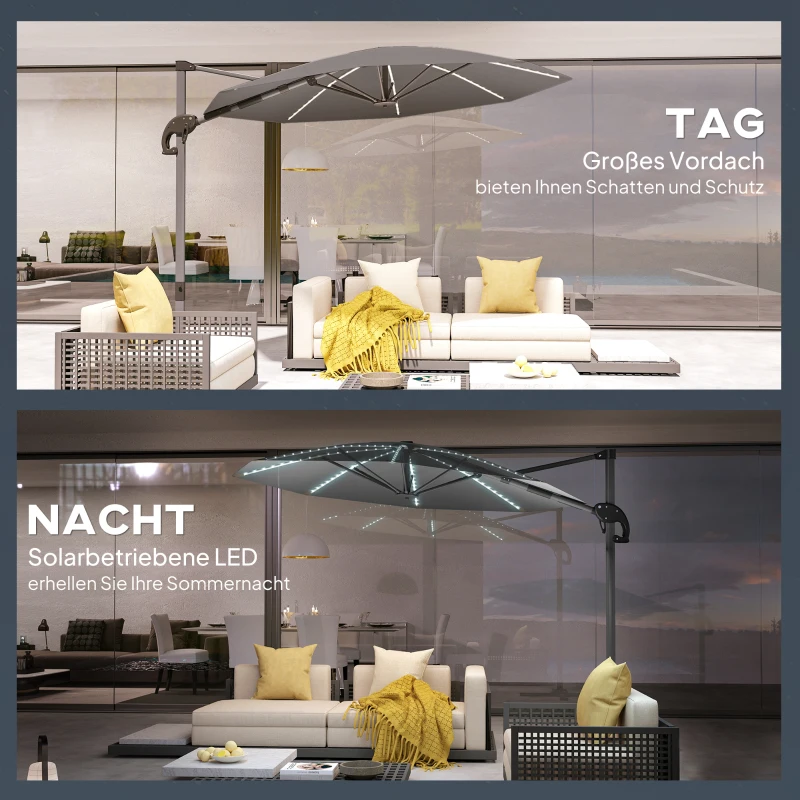Outsunny Alu Ampelschirm LED Solar Ø300 cm höhenverstellbar Sonnenschirm mit Kurbel Ständer UV50+ Dunkelgrau