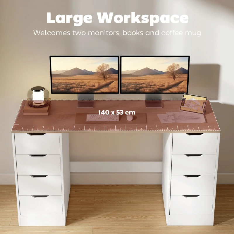 HOMCOM Bureau 140 cm, 8 lades – stevig hout & staal, wit