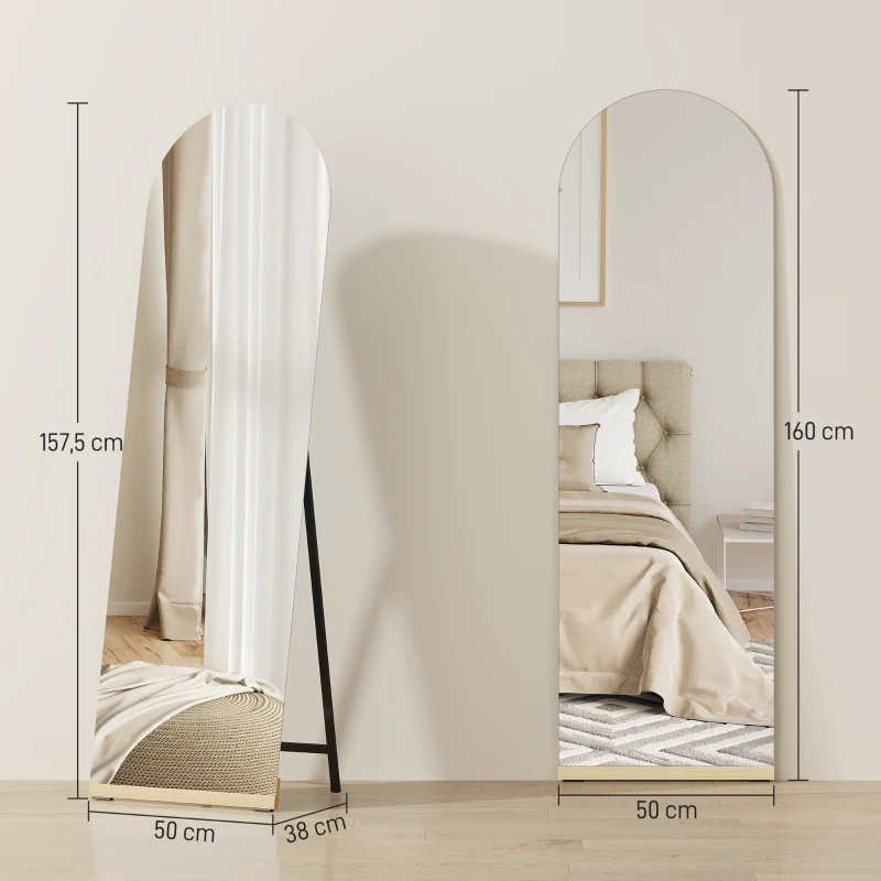 HOMCOM Espejo de Cuerpo Entero Curvado 160x50 cm sin Marco Base de Madera Espejo de Pie o Apoyado en la Pared Transparente