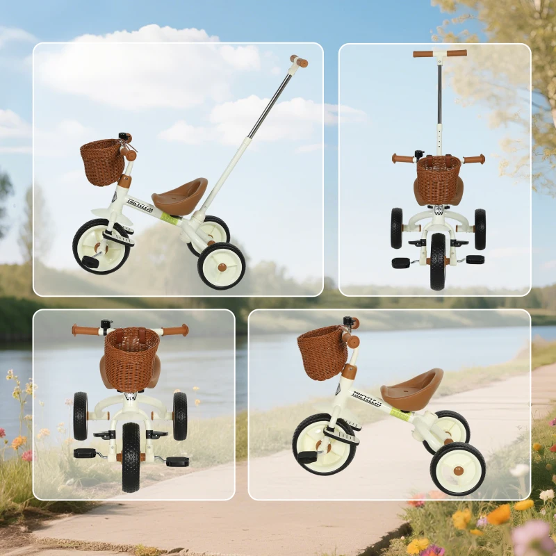 AIYAPLAY 2-In-1 Toddler Trike for 2-5 Years Old, 3 Wheel Bike with Adjustable Parent Handle, Basket for Boys and Girls, White