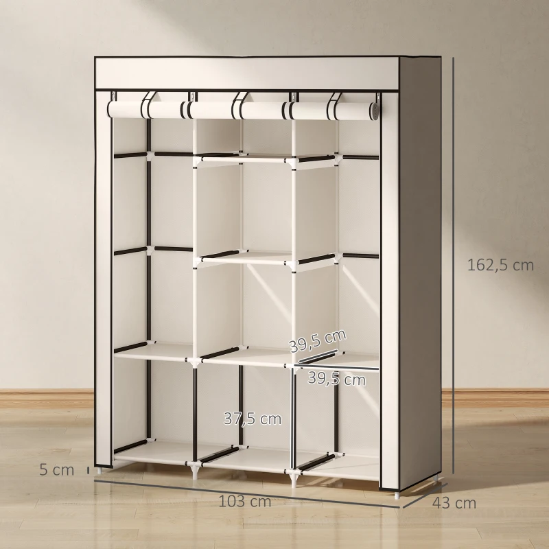 HOMCOM Roupeiro de Tecido Dobrável com 8 Prateleiras de Armazenamento e 2 Barras de Pendurar 125x43x162,5cm Creme