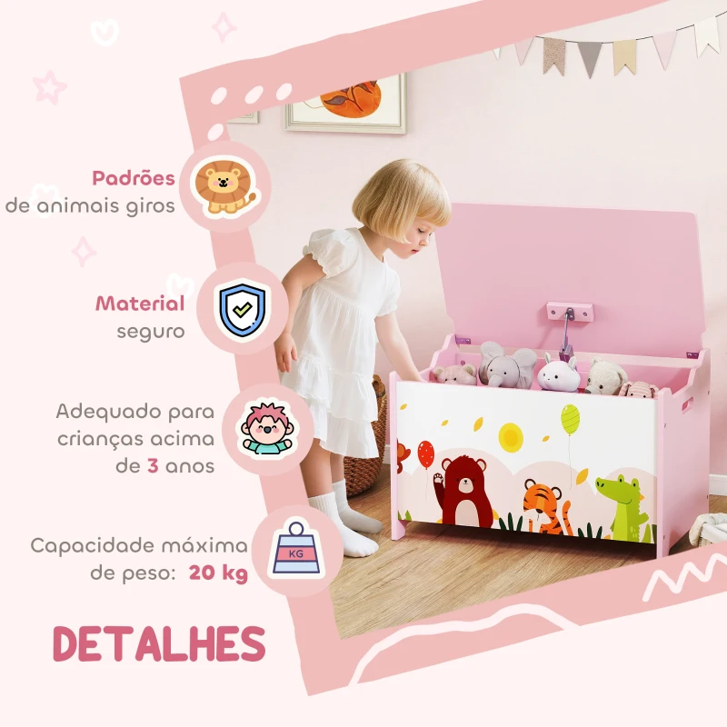 AIYAPLAY Baú de Brinquedos com Tampa Rebatível Fecho Suave Alças e Estampados de Animais 60x37x39 cm Rosa
