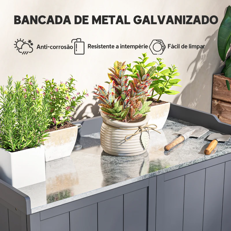 Outsunny Armário de Jardim de Madeira com Mesa de Plantação Armário de Exterior com 2 Portas com Fechadura Magnética e 2 Prateleiras para Terraço Balcão 98x48x95,5cm Cinza