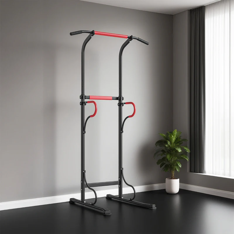 HOMCOM Station de musculation multifonctions barre de traction chaise romaine hauteur réglable acier noir rouge(m-9)