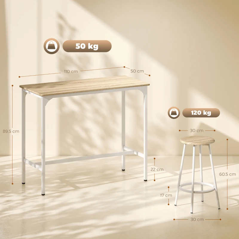 HOMCOM Set tavolo bar 5 pezzi stile industriale con 4 sgabelli, struttura metallica, Legno Naturale e Bianco