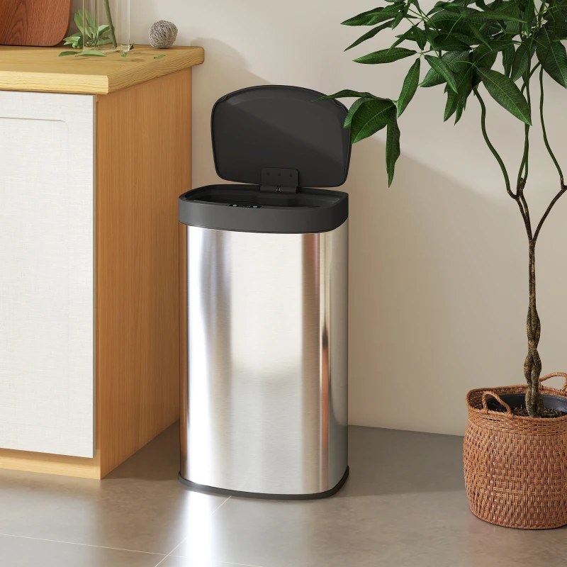HOMCOM Automatischer Küchenmülleimer 55 l – Edelstahl, Soft-Close, berührungslos, 38×28,5×69 cm, Silber