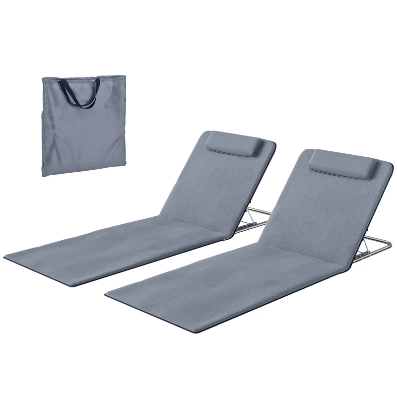 Outsunny Lot de 2 Tapis de Plage rembourré - lot de 2 Matelas de Plage - nattes de Plage - Dossier inclinable Multi-Positions - Sac Transport Inclus - métal Polyester PE Gris