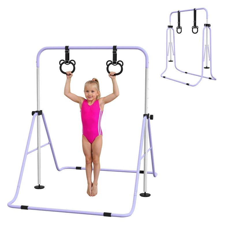 HOMCOM Barra de Ginástica Infantil Dobrável com Argolas Ajustável 88-128 cm Roxo