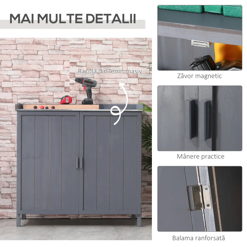 Outsunny Dulap pentru Exterior din Lemn de Brad cu Blat de Lucru din Metal Zincat si 2 Rafturi pentru Scule, 98x48x95.5 cm, Gri