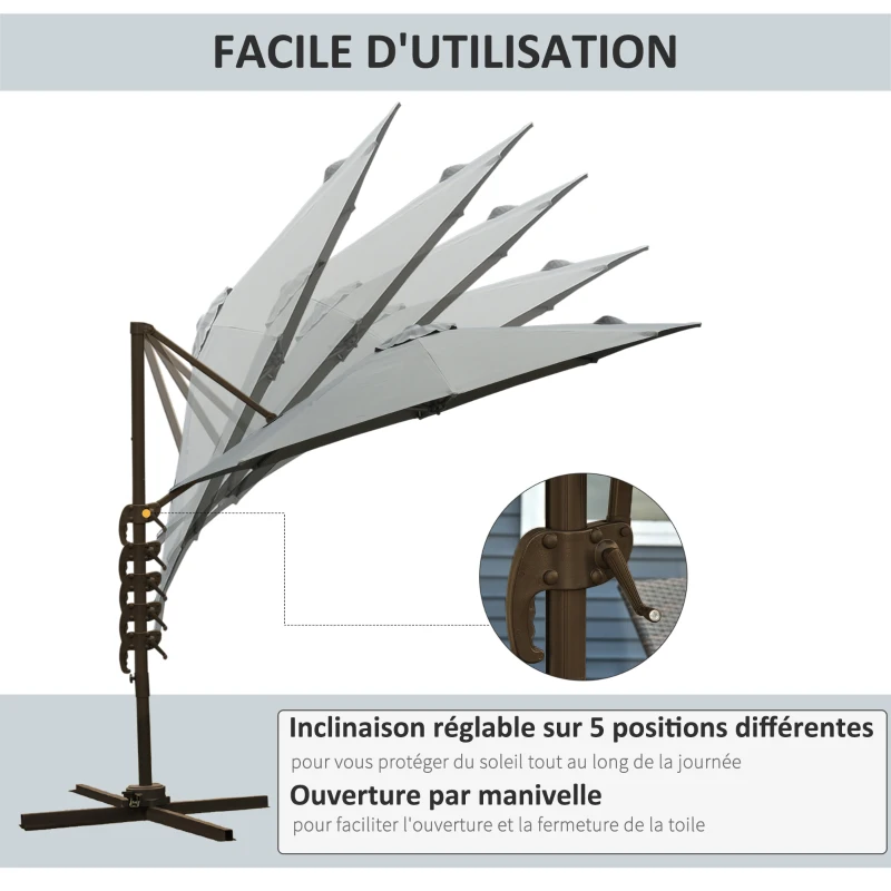 Outsunny Parasol déporté octogonal inclinable parasol rotatif 360° avec pied en croix 8 beleines manivelle inclus châssis alu. acier Ø 3 x 2,5H m gris foncé