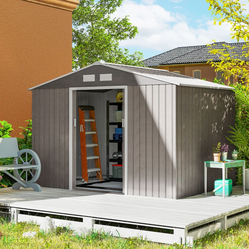 Outsunny Abri de jardin 5,4 m² 2,77 x 1,95 x 1,92 m fondation incluse porte coulissante ventilations tôle acier, marron clair