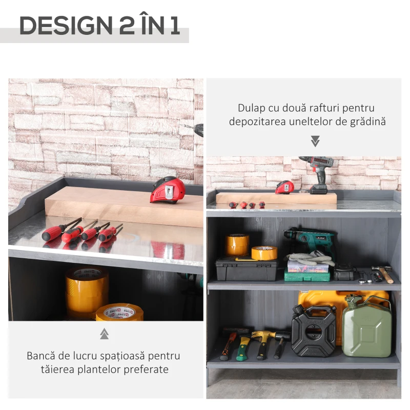 Outsunny Dulap pentru Exterior din Lemn de Brad cu Blat de Lucru din Metal Zincat si 2 Rafturi pentru Scule, 98x48x95.5 cm, Gri