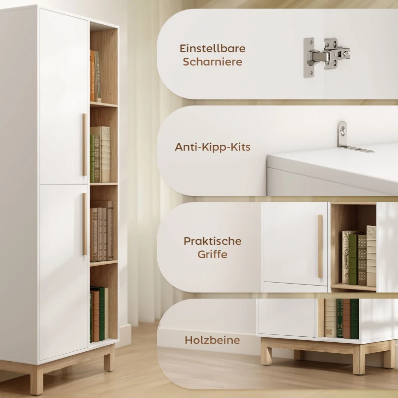 HOMCOM 176 cm hoge boekenkast, 4 open planken, 2 kasten, vrijstaande boekenkast, MDF, Wit