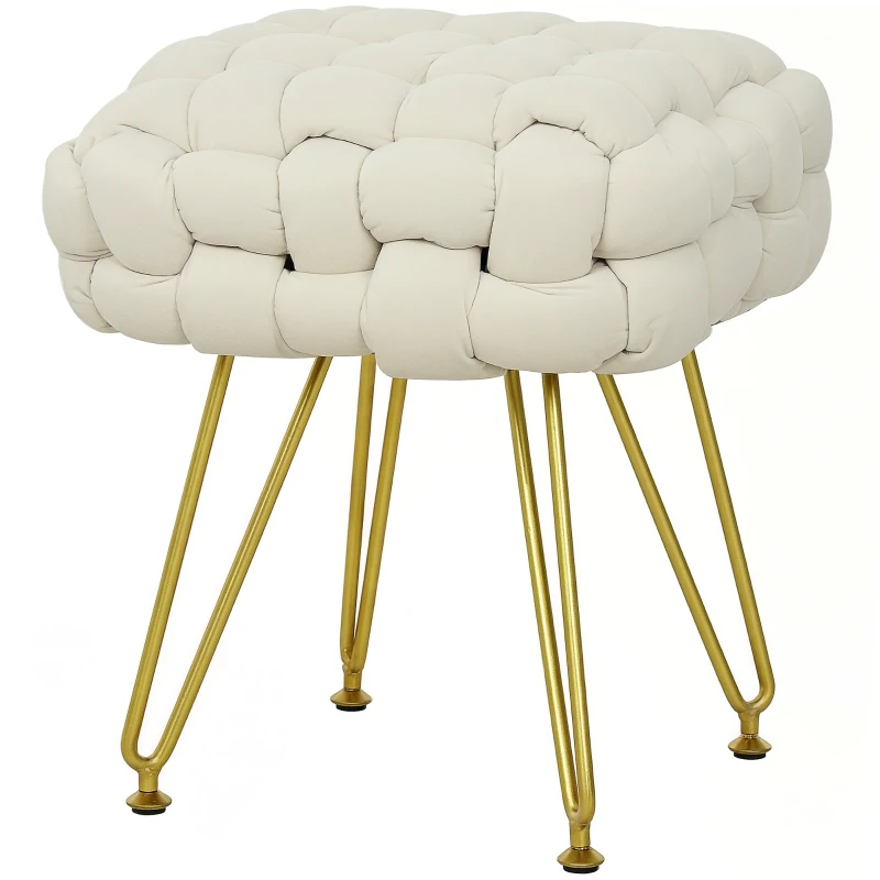 HOMCOM Velvet-Feel Bold Woven Footstool - Cream White