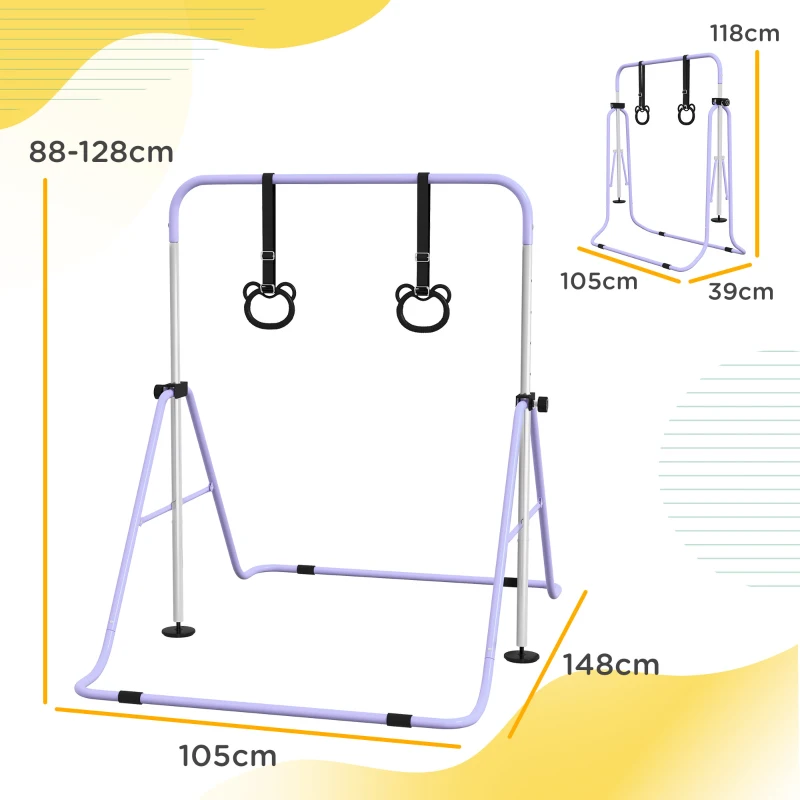 HOMCOM Barra de Ginástica Infantil Dobrável com Argolas Ajustável 88-128 cm Roxo