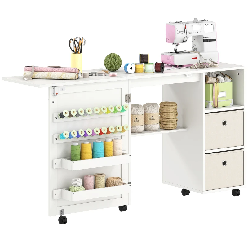 HOMCOM Table de couture pliante, meuble couture à roulettes avec porte magnétique, 2 bacs, 2 tiroirs, 146,4x40x77,5cm, blanc(m-6)