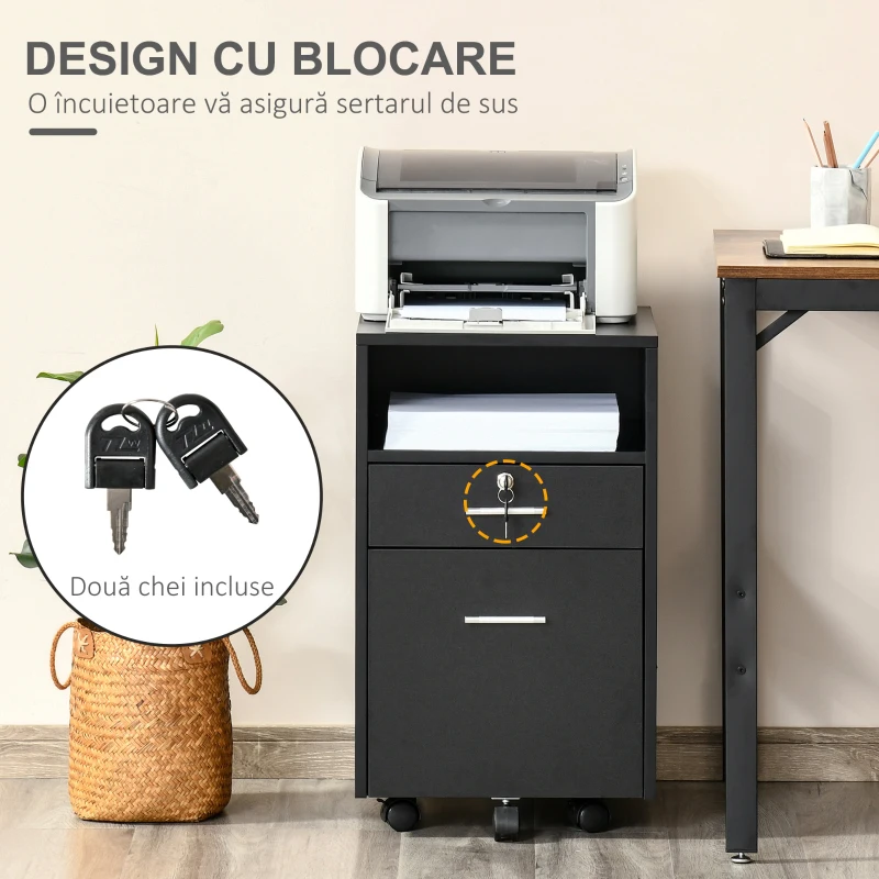 Vinsetto Comodă de Birou cu 2 Sertare și Raft Deschis, Mobilier cu 5 Rotile, Încuietoare și 2 Chei, 39x40x65 cm, Negru