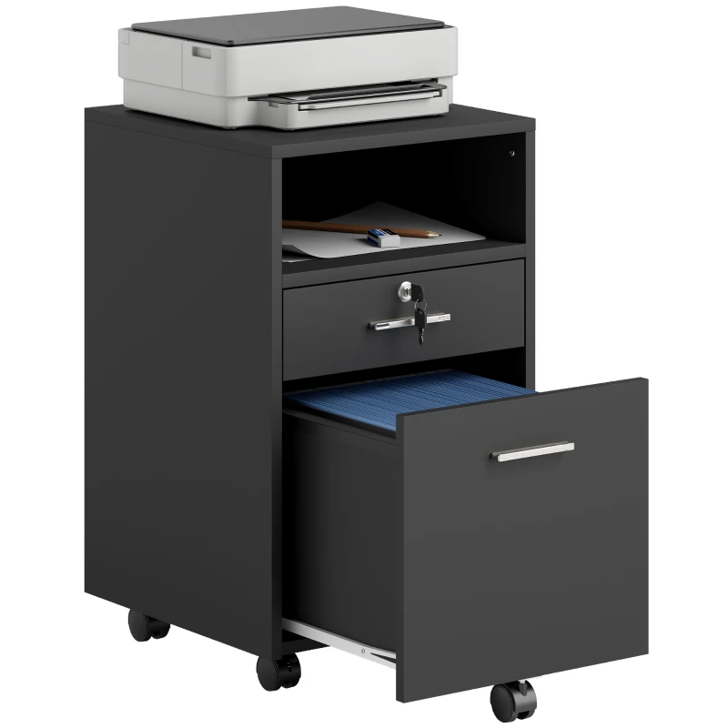 Vinsetto Comodă de Birou cu 2 Sertare și Raft Deschis, Mobilier cu 5 Rotile, Încuietoare și 2 Chei, 39x40x65 cm, Negru