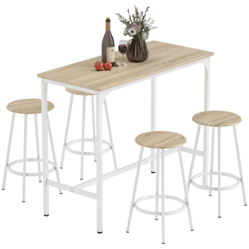 HOMCOM Set tavolo bar 5 pezzi stile industriale con 4 sgabelli, struttura metallica, Legno Naturale e Bianco