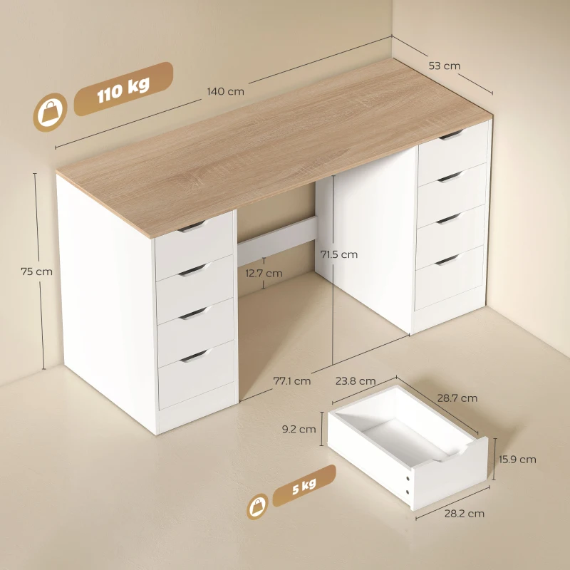 HOMCOM Scrivania con 8 cassetti, salvaspazio e stabile, 140 c, Bianco e Legno naturale