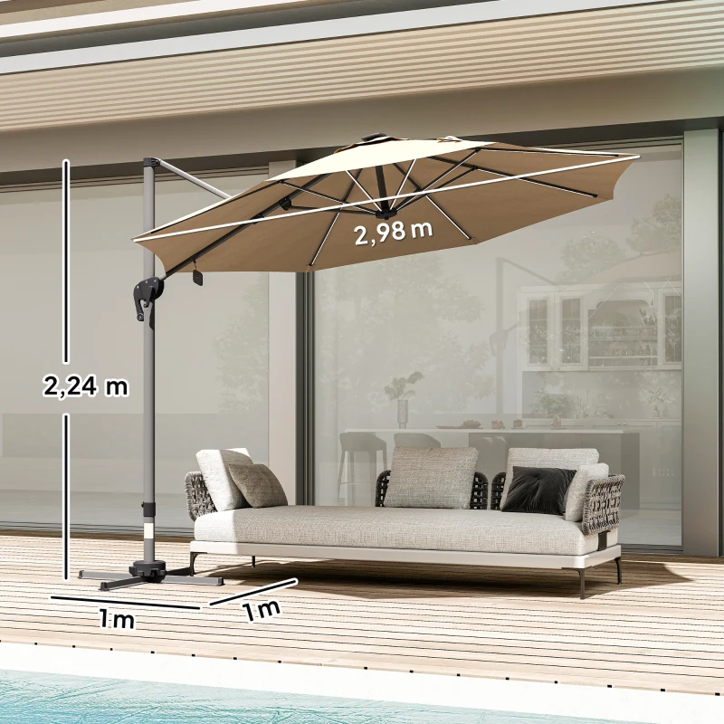 Outsunny Parasol déporté octogonal parasol LED solaire inclinable pivotant manivelle piètement aluminium dim. Ø 3 x 2,55H m beige