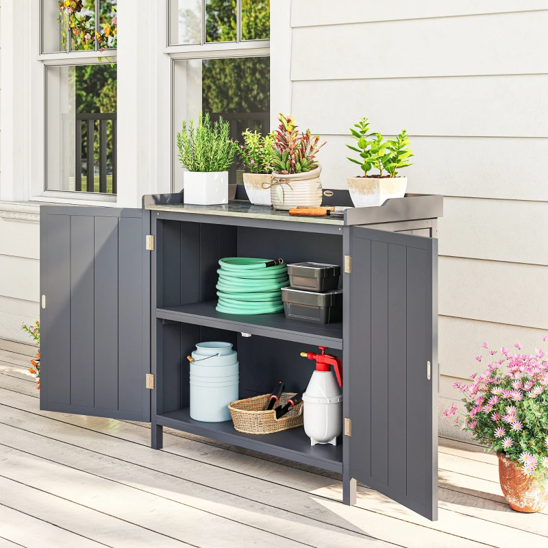 Outsunny Armário de Jardim de Madeira com Mesa de Plantação Armário de Exterior com 2 Portas com Fechadura Magnética e 2 Prateleiras para Terraço Balcão 98x48x95,5cm Cinza