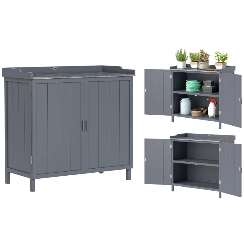 Outsunny Armário de Jardim de Madeira com Mesa de Plantação Armário de Exterior com 2 Portas com Fechadura Magnética e 2 Prateleiras para Terraço Balcão 98x48x95,5cm Cinza