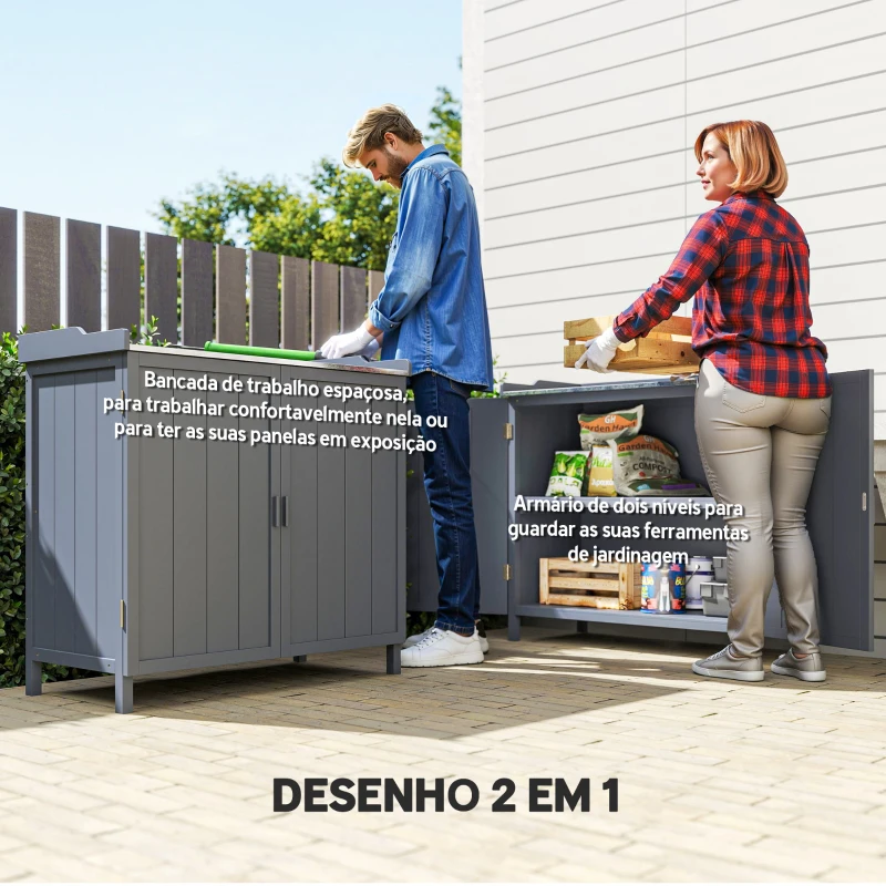 Outsunny Armário de Jardim de Madeira com Mesa de Plantação Armário de Exterior com 2 Portas com Fechadura Magnética e 2 Prateleiras para Terraço Balcão 98x48x95,5cm Cinza