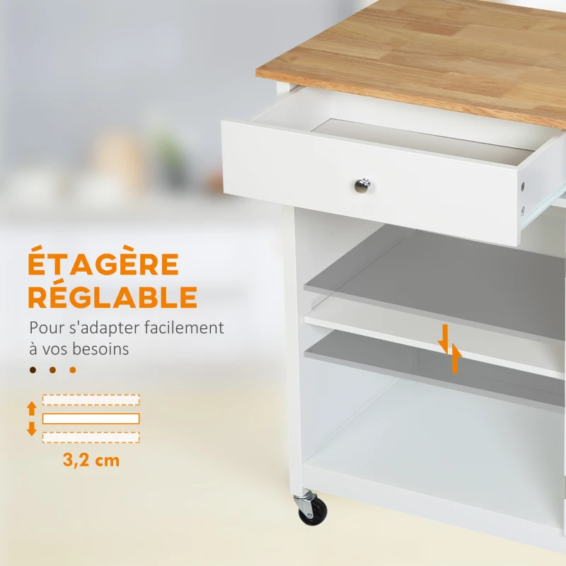 HOMCOM Desserte de cuisine à roulettes multi-rangement - placard porte vitrée avec étagère réglable, tiroir, porte-torchon - blanc aspect chêne clair