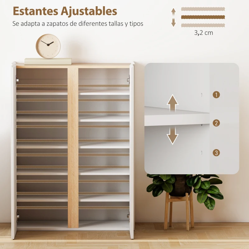 HOMCOM Zapatero de 6 Niveles con 2 Puertas en Blanco Brillo con Cierre Suave y Estantes Ajustables 70x33,5x95 cm Blanco