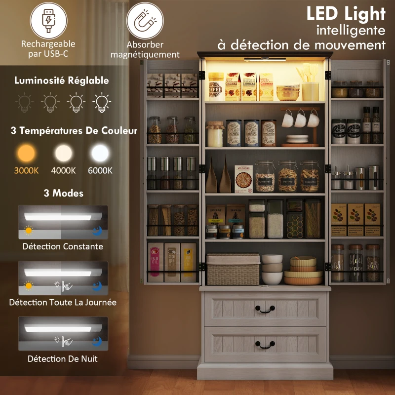 HOMCOM Buffet haut cuisine, armoire de cuisine, LED à capteur, 2 portes, tiroirs et étagères réglables, 76x39,5x183cm, blanc