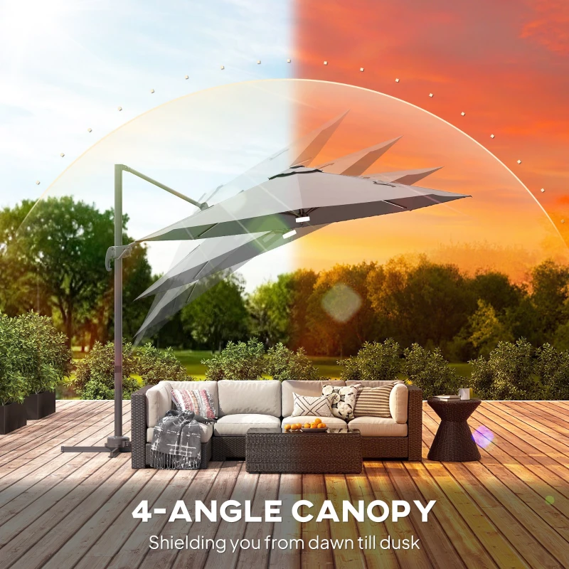 Outsunny Cantilever Parasol, with LED Lights and Cross Base - Dark Grey