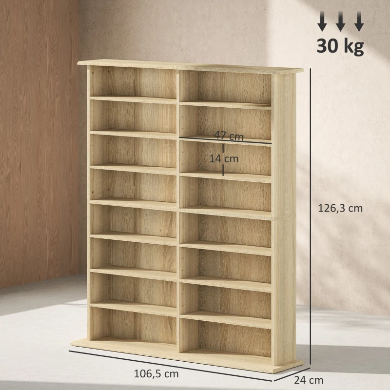 HOMCOM Rangements pour CD et DVD avec 16 compartiments et 12 étagères réglables capacité max. 720 CD/396 DVD et Blu-ray naturel