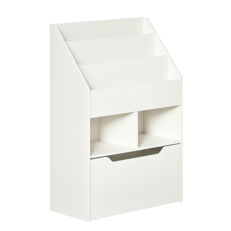HOMCOM Estante de Madeira para Brinquedos com 3 Compartimentos 2 Cubos e Gaveta Móvel com 4 Rodas Estante para Livros Infantil para Dormitório Infantil Sala de Jogos 60x29,9x90cm Branco