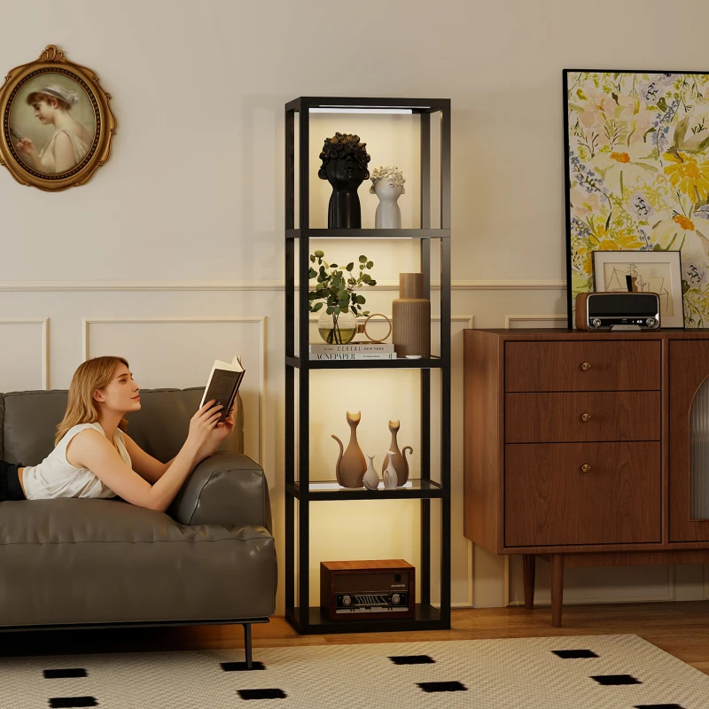 HOMCOM Lampada LED RGB 4 livelli con Ripiani in Vetro, Telecomando e Sincronizzazione Musica, Nero