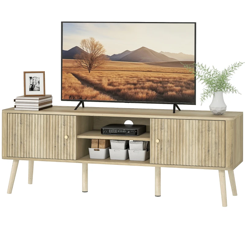 HOMCOM Meuble TV, meuble télé jusqu'à 65 pouces avec 2 portes, 2 compartiments ouverts, étagère réglable, 140x35x49cm, chêne