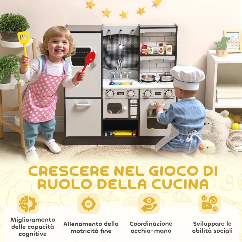 AIYAPLAY Cucina Giocattolo per Bambini 3-8 Anni in Legno con Accessori, Frigo, Lavandino e Manopole con Suoni, Marrone