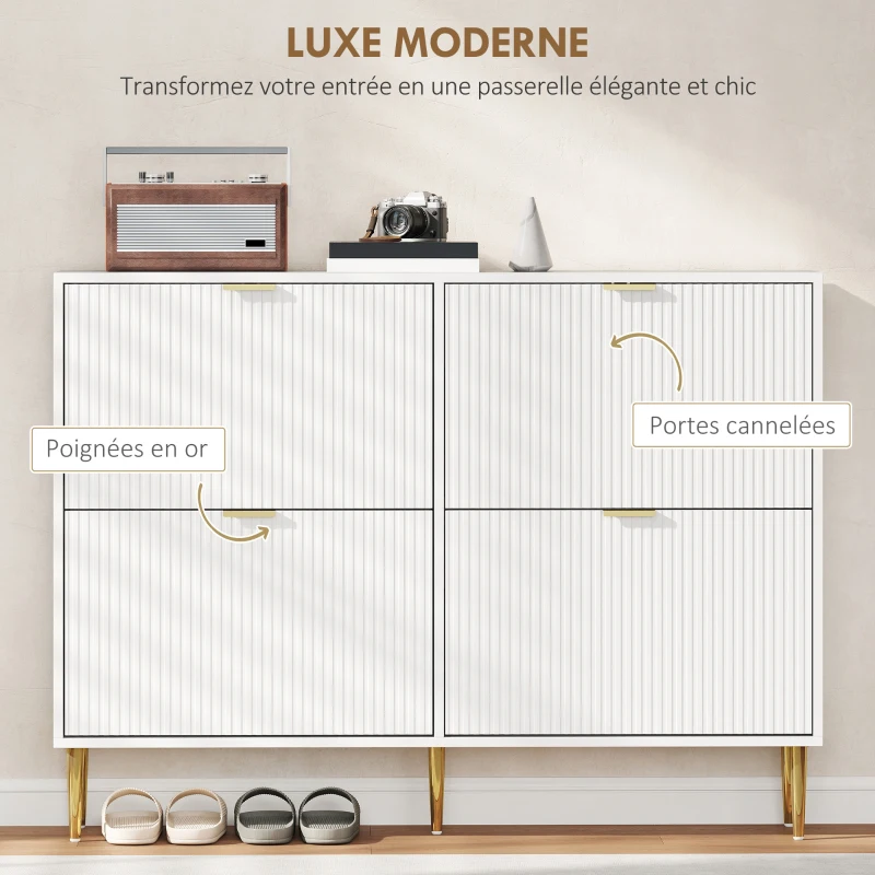 HOMCOM Meuble à chaussures 20 paires avec 4 tiroirs rabattables, portes cannelées et étagères réglables, 105x24x91,5cm, blanc