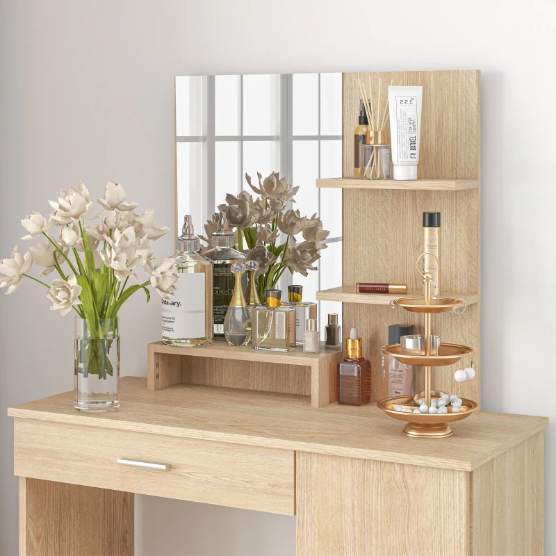 HOMCOM Toeletta da Camera con Armadietto, Cassetto, Specchio per Trucco e Ripiani Aperti, 90x38x138 cm, Acero