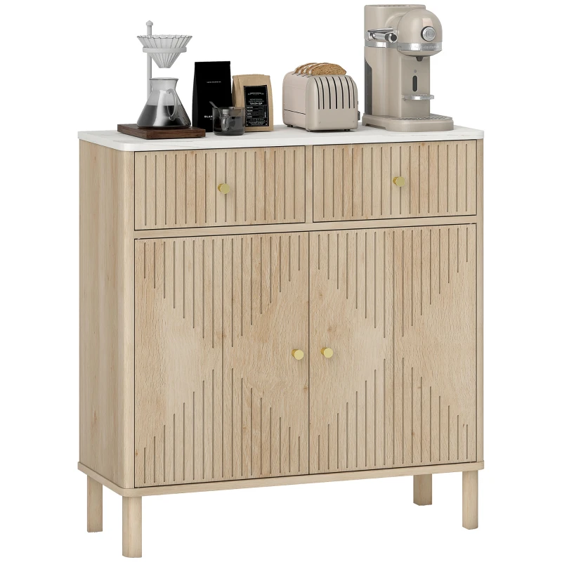 HOMCOM Buffet, meuble de rangement cannelé avec plateau effet marbre, 2 tiroirs, 2 portes, étagère réglable, 77x30x80cm, chêne