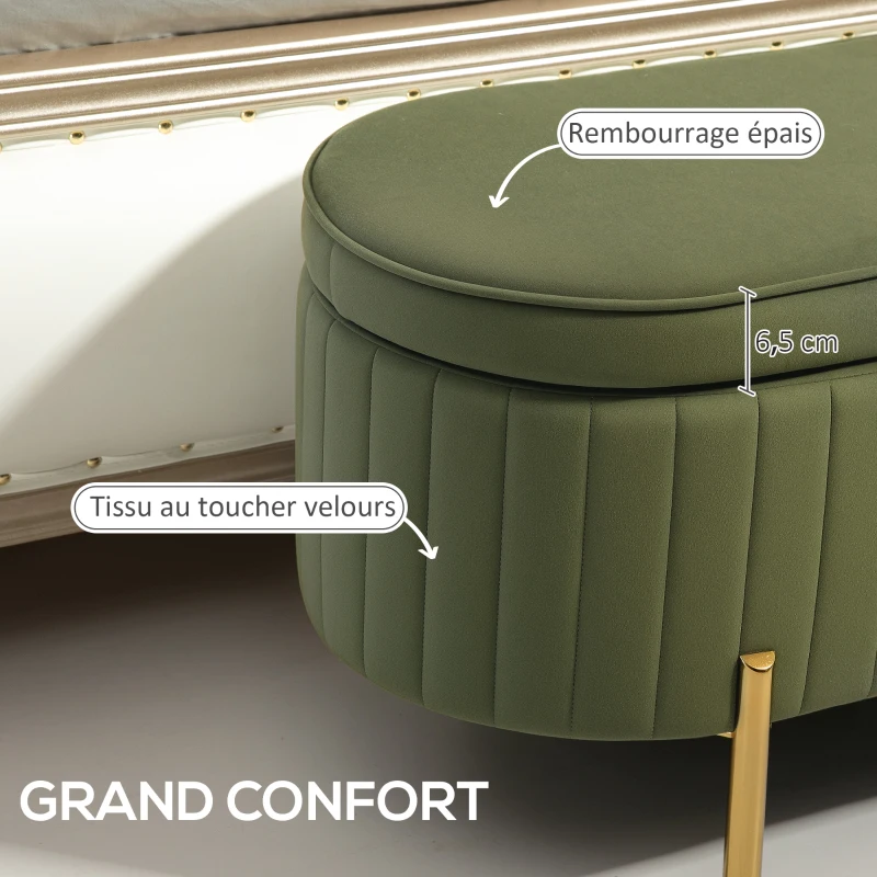 HOMCOM Banc de rangement, bout de lit en velours avec couvercle, pieds en métal, capacité 72 L, 108x44x43,5cm, vert foncé