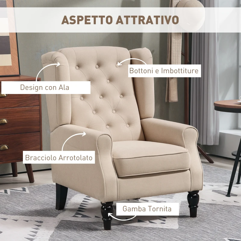 HOMCOM Poltrona per Salotto in Stile Francese con Seduta Imbottita e Cuscini, in Poliestere, 74x86x102 cm, Beige